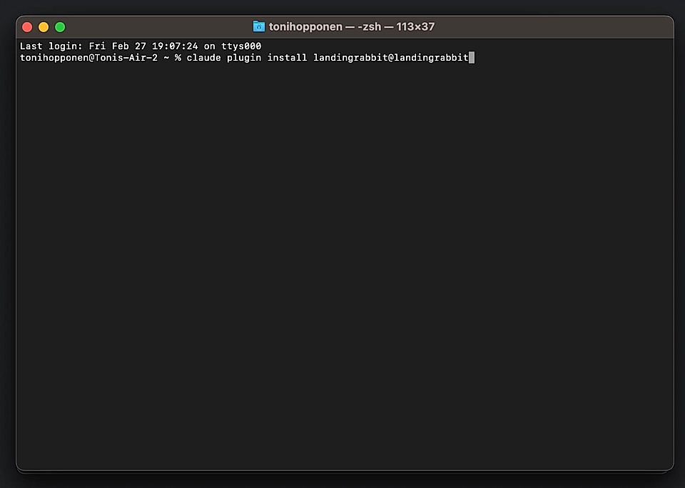 Terminal window displaying a command for installing a plugin on a Mac computer using zsh.