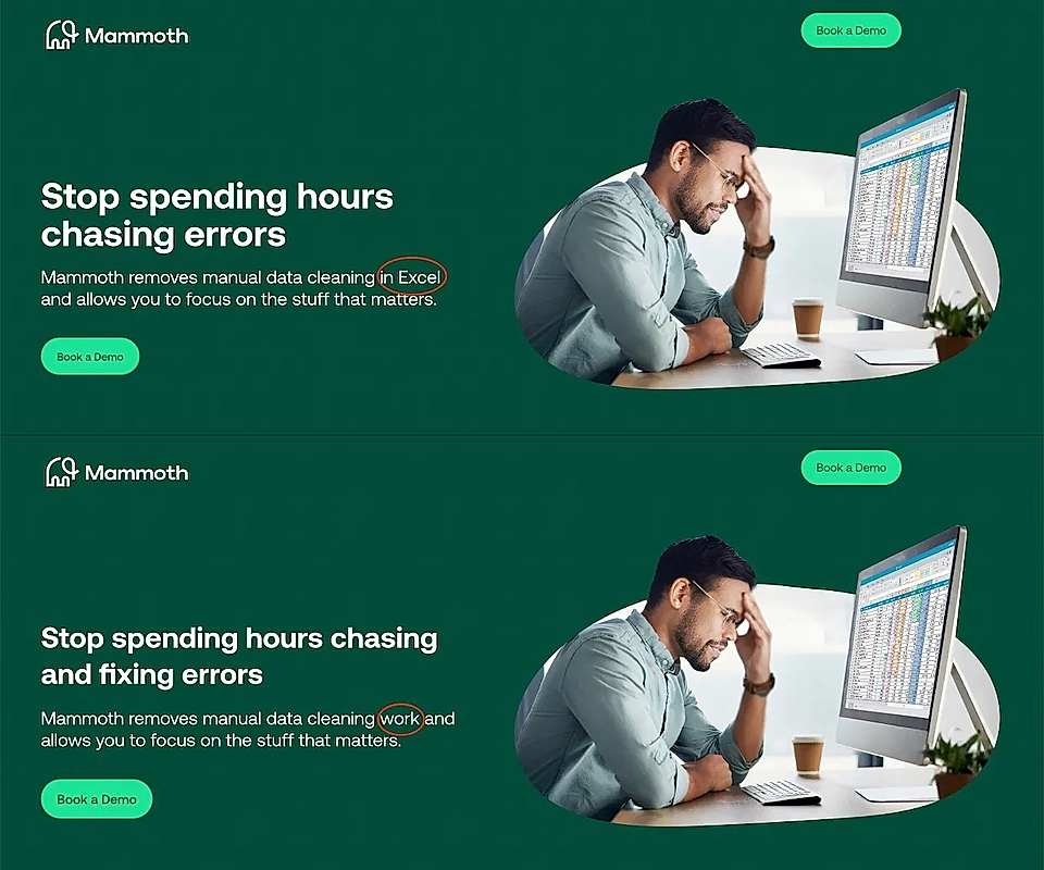 An example of a dynamic landing page and text variations