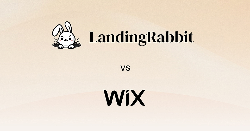 LandingRabbit vs Wix comparison graphic with LandingRabbit's bunny logo on a beige background.