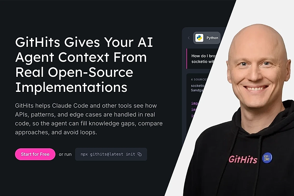 GitHits landing page with headline about AI agent context, CTA button, and smiling man in GitHits hoodie