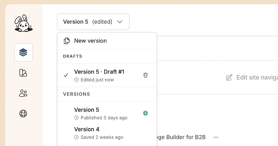 Screenshot of a SaaS dashboard displaying version control with versions and drafts, including recent edits.