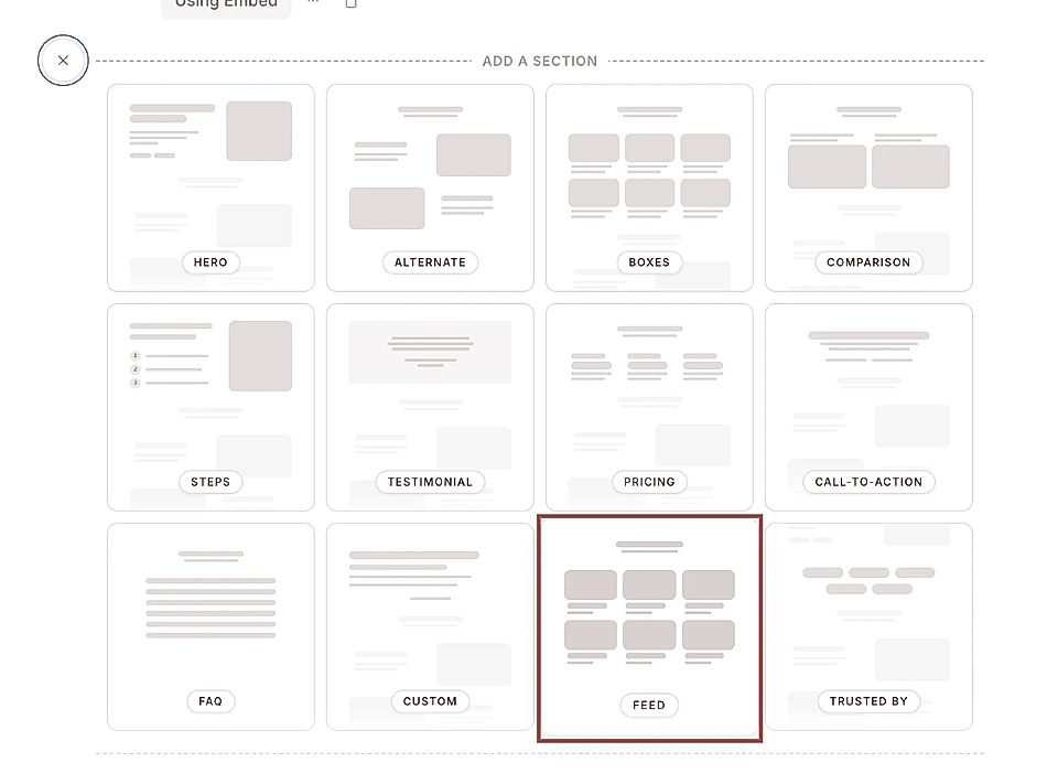 A grid layout displaying various website section templates including Hero, Pricing, Testimonial, and Feed.