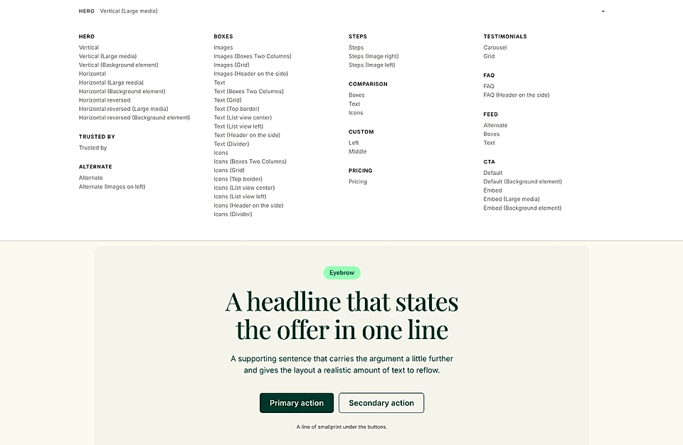 LandingRabbit's 50+ page components created at the sign up