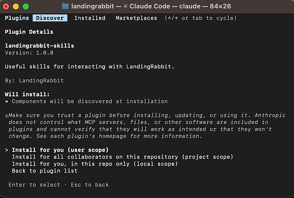 Screenshot of a plugin installation interface for 'landingrabbit-skills' with options for installation and trust warnings.