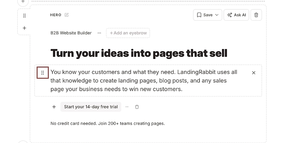 LandingRabbit page editor and drag n drop handle in the hero section