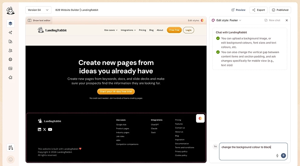 LandingRabbit site footer editing tools: edit styles chat with AI