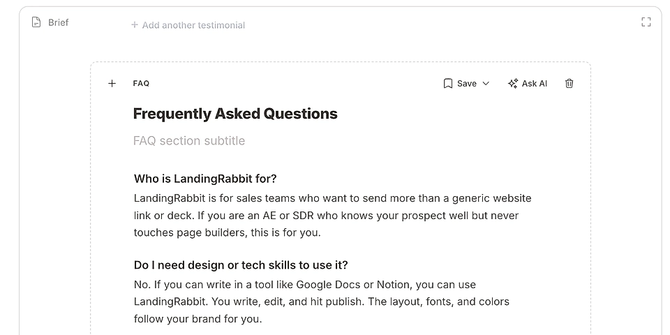 Screenshot of a FAQ section editor in LandingRabbit