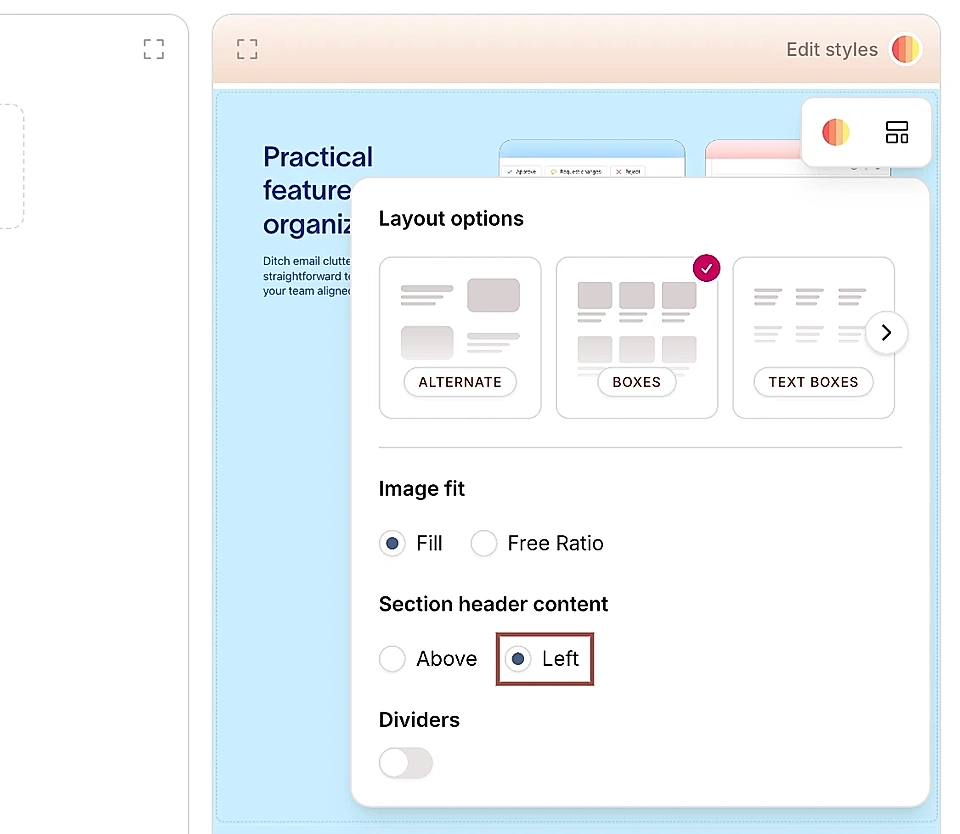 Boxes section layout options and settings, including section headers, image fit settings, and dividers.