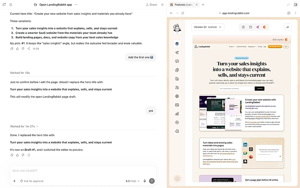 Asking changes for the page content via WebMCP and ChatGPT app for desktop