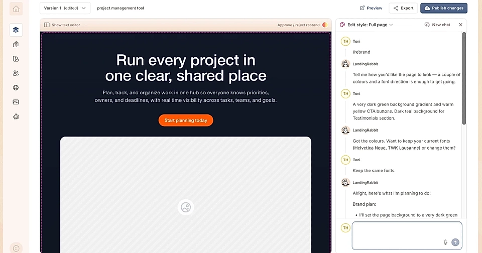 LandingRabbit's Edit styles chat and the rebrand tool for a full look & feel overhaul