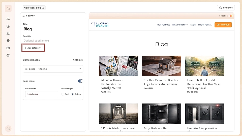 Edit Collection page layout in LandingRabbit and add categories