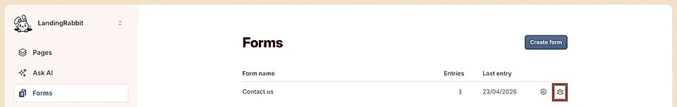 LandingRabbit form builder interface showing a 'Contact us' form with one entry and the date of the last entry.