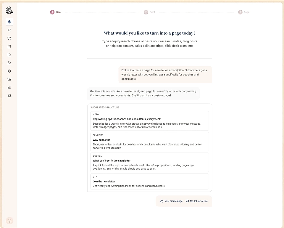 LandingRabbit suggesting a newsletter signup page structure