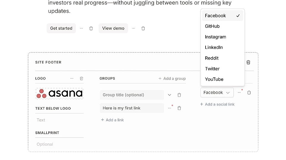 Screenshot of a website footer setup, featuring logo, link group, and social media dropdown options.