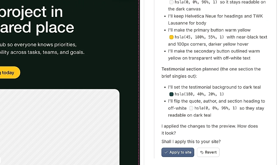 LandingRabbit's Edit styles chat and the rebrand tool: Apply to site