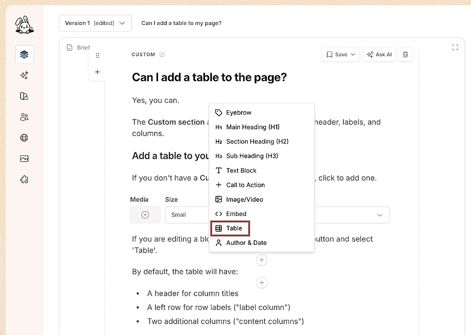 Screenshot of a web editor interface displaying options to add a table to a page, including tools and instructions.