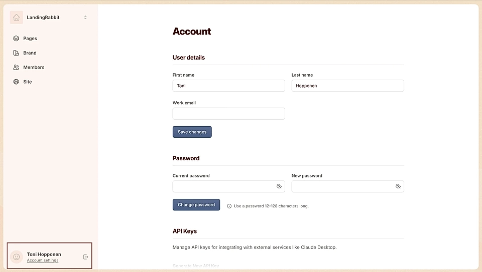 Screenshot of an account settings page for LandingRabbit, showing user details, password, and API key sections.