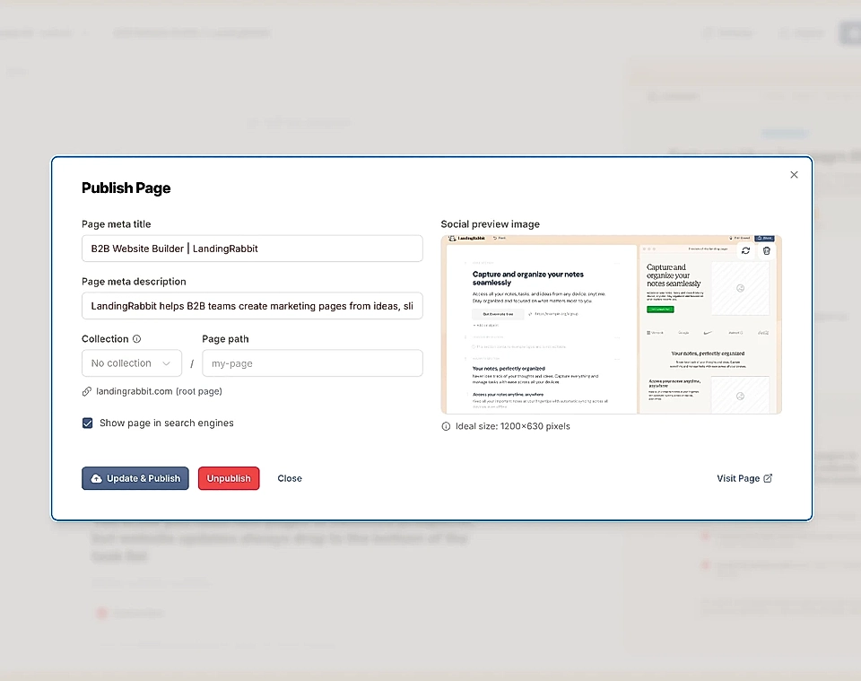 Screenshot of a web page publishing interface for LandingRabbit, featuring meta title, description, and preview image.