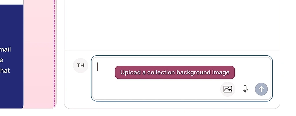Interface showing a prompt to upload a collection background image, with input fields and microphone icon.