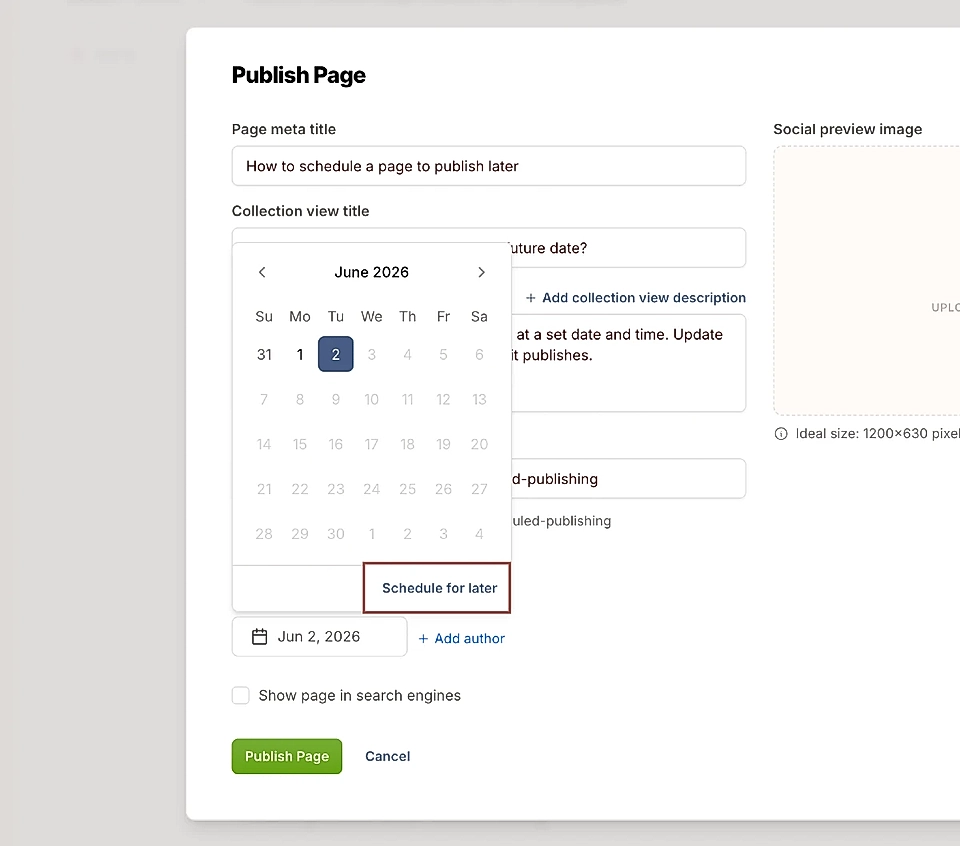 Publish Page dialog with publish date calendar picker and Schedule for later button