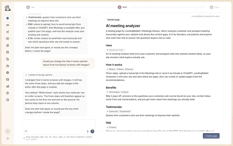 LandingRabbit page planner showing a brief and solution page for a meeting analyzer