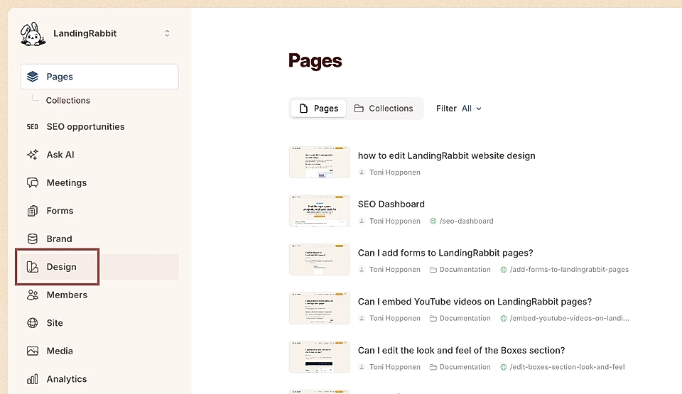 LandingRabbit dashboard showing a Pages list with sidebar navigation and the Design tab icon