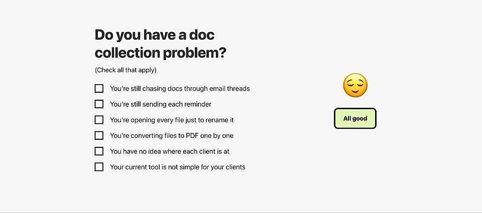 A custom code example on a published website. The component displays a survey checklist asking if users have document collection problems, with options and a smiling emoji.