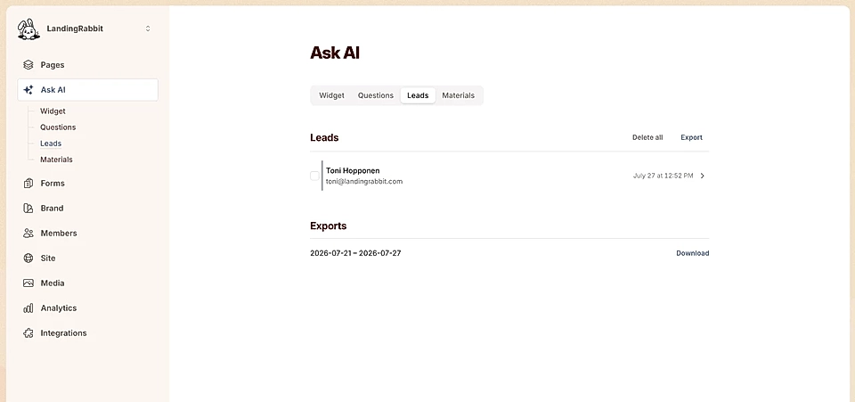 Export Ask AI chat widget leads
