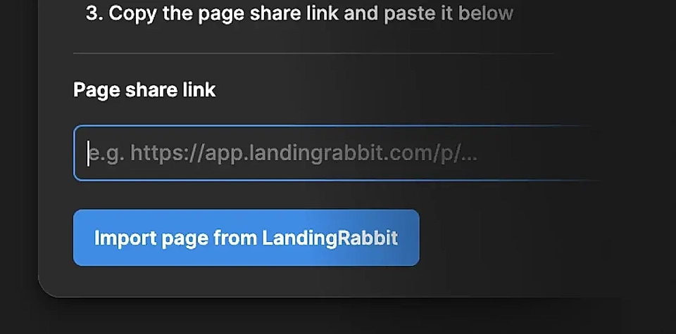 The Figma plugin interface showing a prompt to copy a page share link and an import button for LandingRabbit
