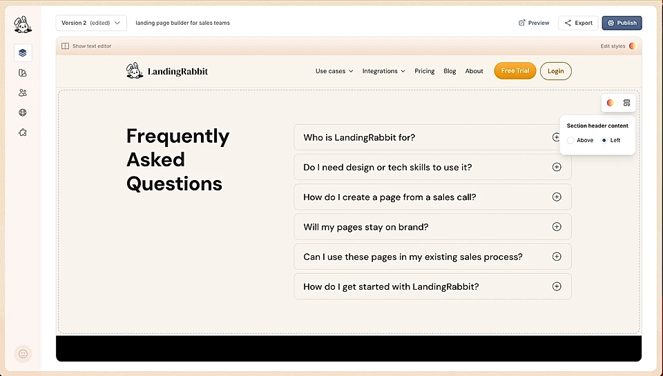 Screenshot of a FAQ section editor in LandingRabbit with layout options above and left