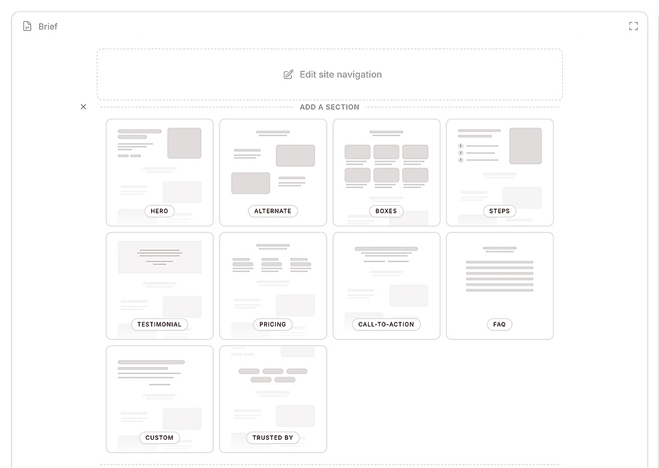 Screenshot of the LandingRabbit website builder interface, displaying various section templates like Hero, Testimonial, and Pricing.