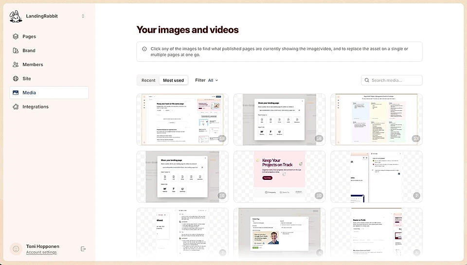 Media tab in LandingRabbit showing uploaded images and videos with preview thumbnails