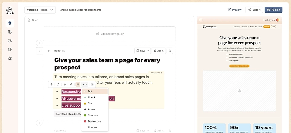 LandingRabbit page builder and editing bullet point lists with custom icons