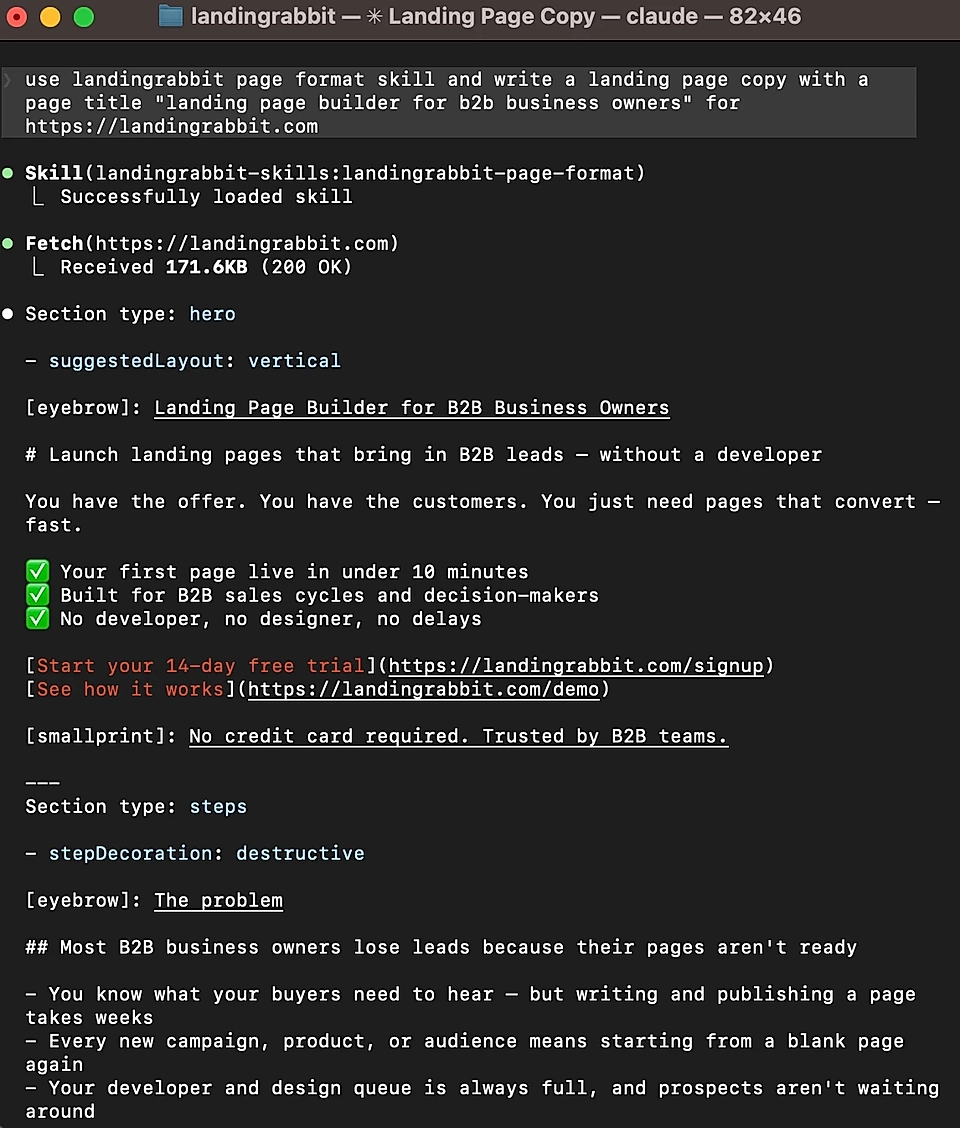 Screenshot of landing page copy for a B2B business owners tool with text about features and a call to action.