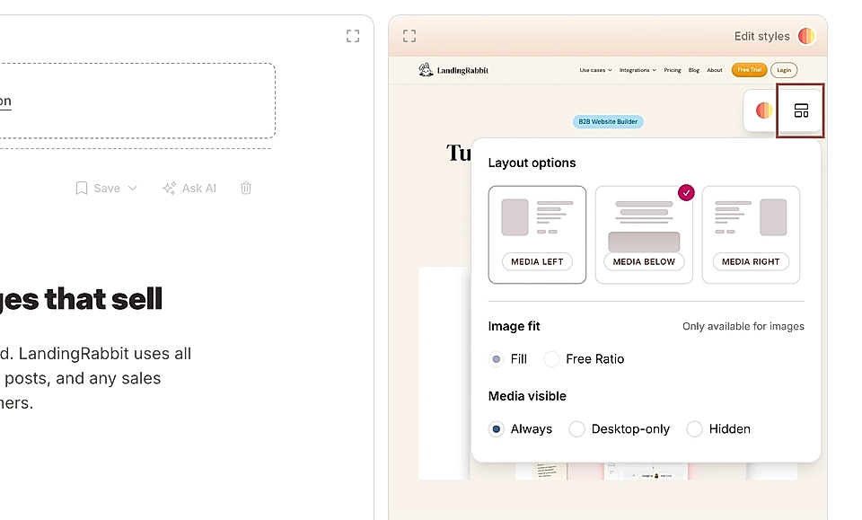 Screenshot of LandingRabbit website showing layout options for media placement in a B2B website builder.