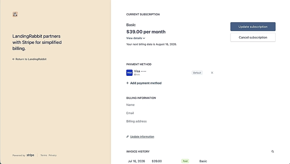 Stripe billing portal for LandingRabbit showing Basic plan $39/month, payment method, and subscription controls.