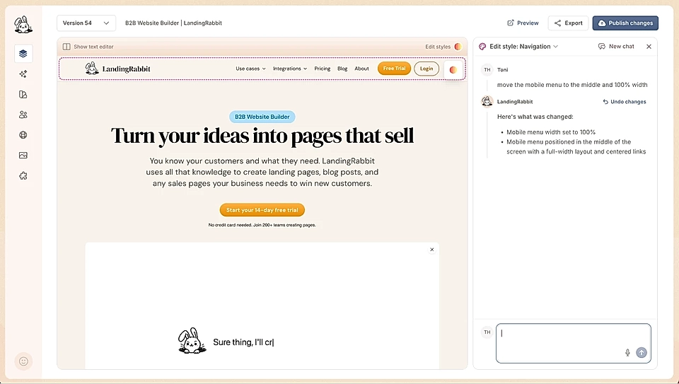 LandingRabbit's site navigation editing tools: editing styles via AI chat