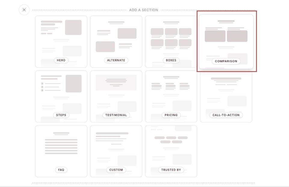 A grid layout of website sections in LandingRabbit, highlighting a 'Comparison' section.