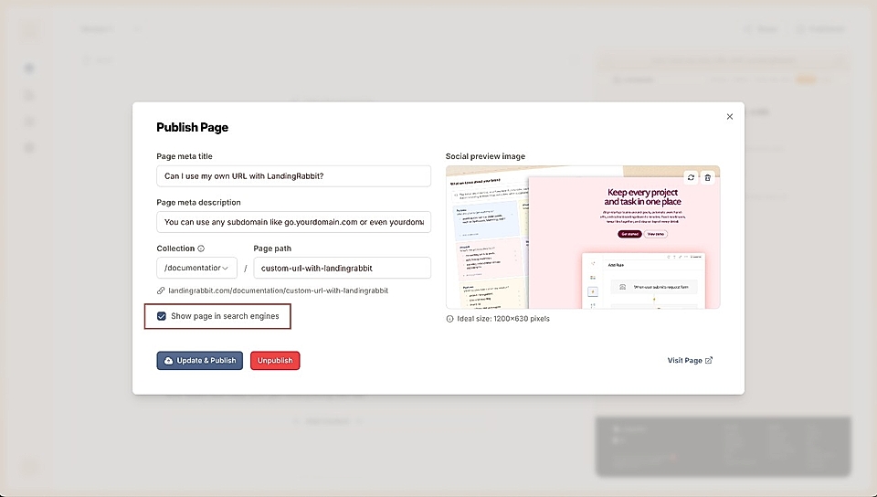 Publish Page settings in LandingRabbit, including meta title, description, and visibility options for search engines.