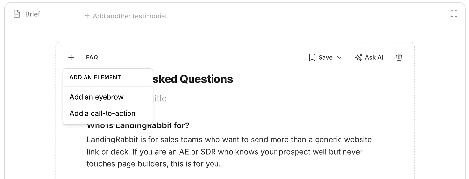 Screenshot of a FAQ section editor in LandingRabbit