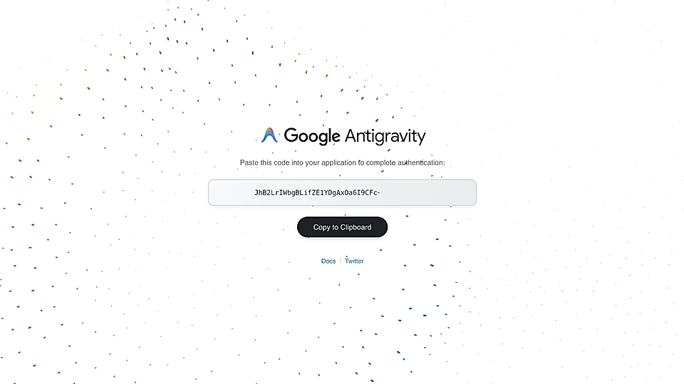 Google Antigravity authentication screen with secret code