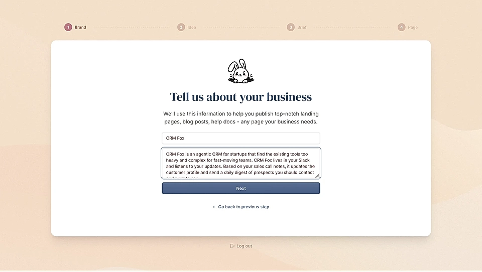 Screenshot of LandingRabbit onboarding asking for details about the user's business