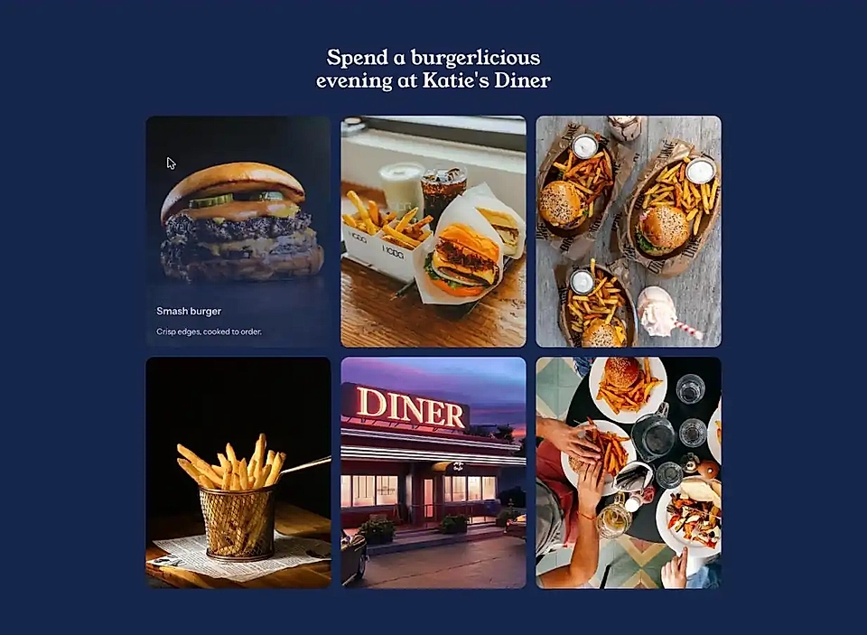 Media grid showing text on top of the image or video on hover