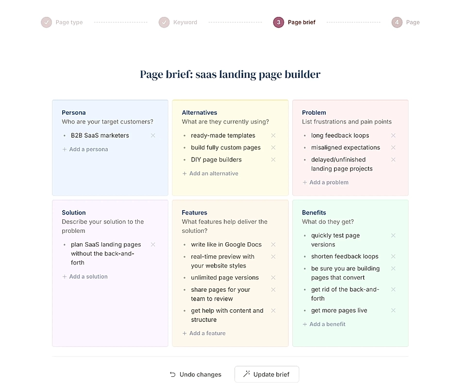 An example of a page brief for a landing page