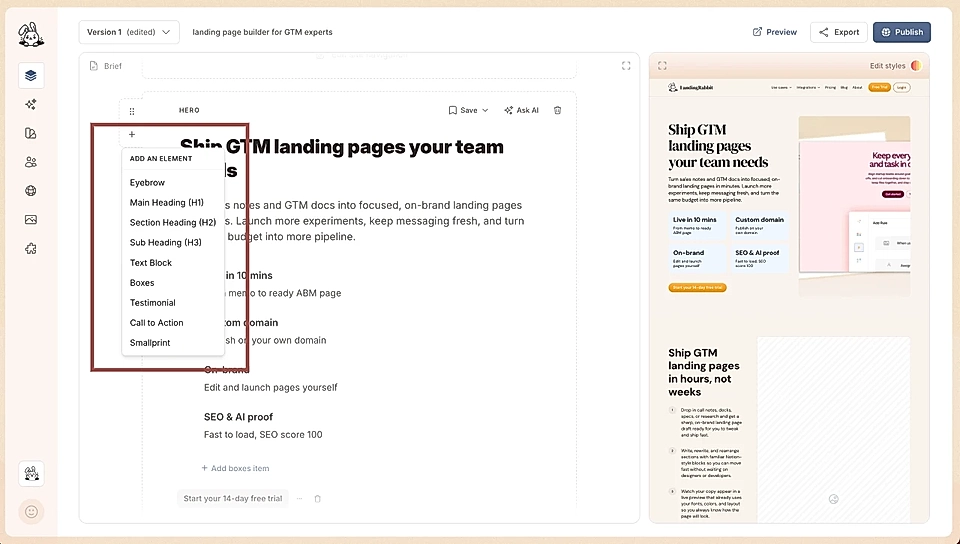 Screenshot of a landing page builder interface showing various elements like headings, testimonials, and call-to-action.