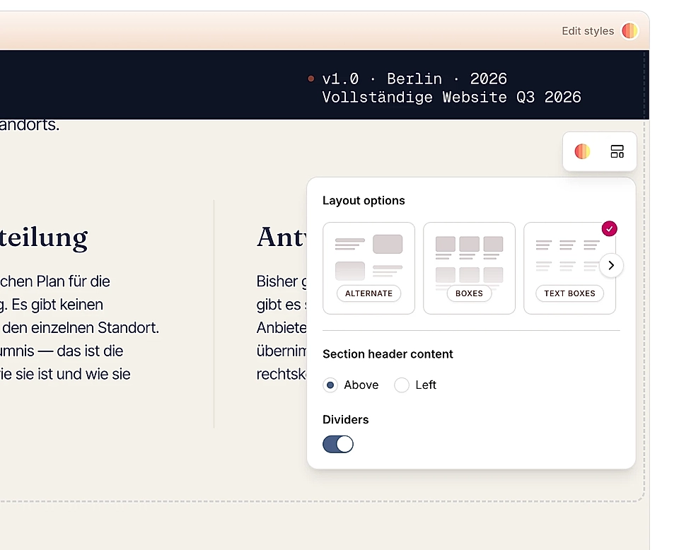 Edit layout options for 'Alternate', 'Boxes', and 'Text Boxes' layout styles.