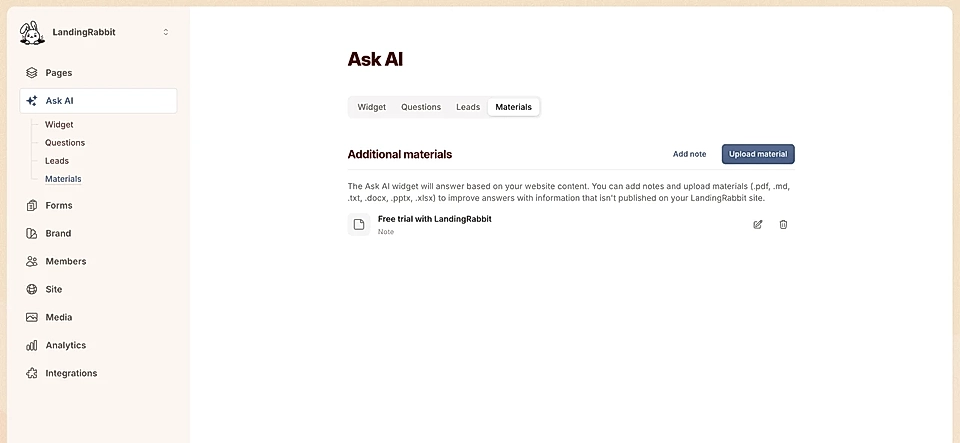 The Ask AI chat widget materials tab