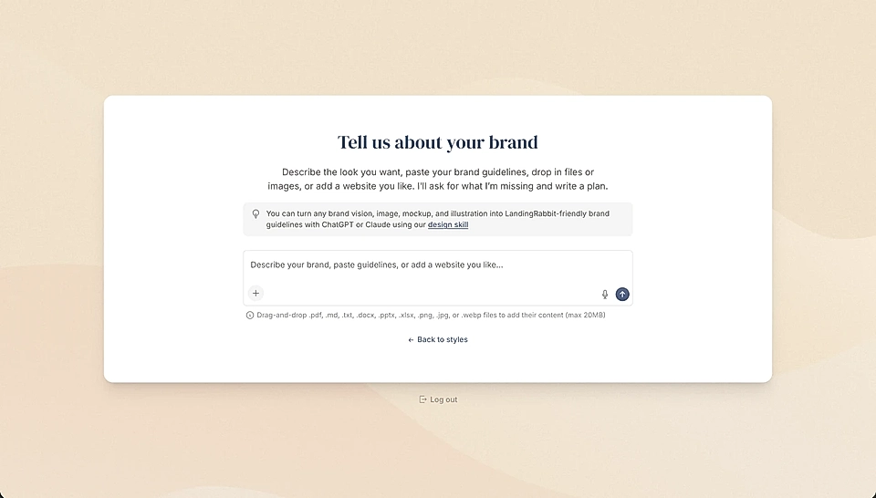 Create your website design by typing colours and fonts, sharing an image or URL, and discussing with LandingRabbit