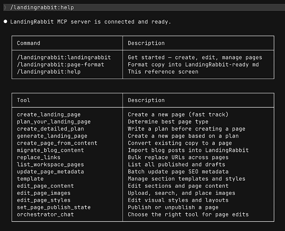 Screenshot of LandingRabbit MCP server help menu with commands and tools for page creation and management.