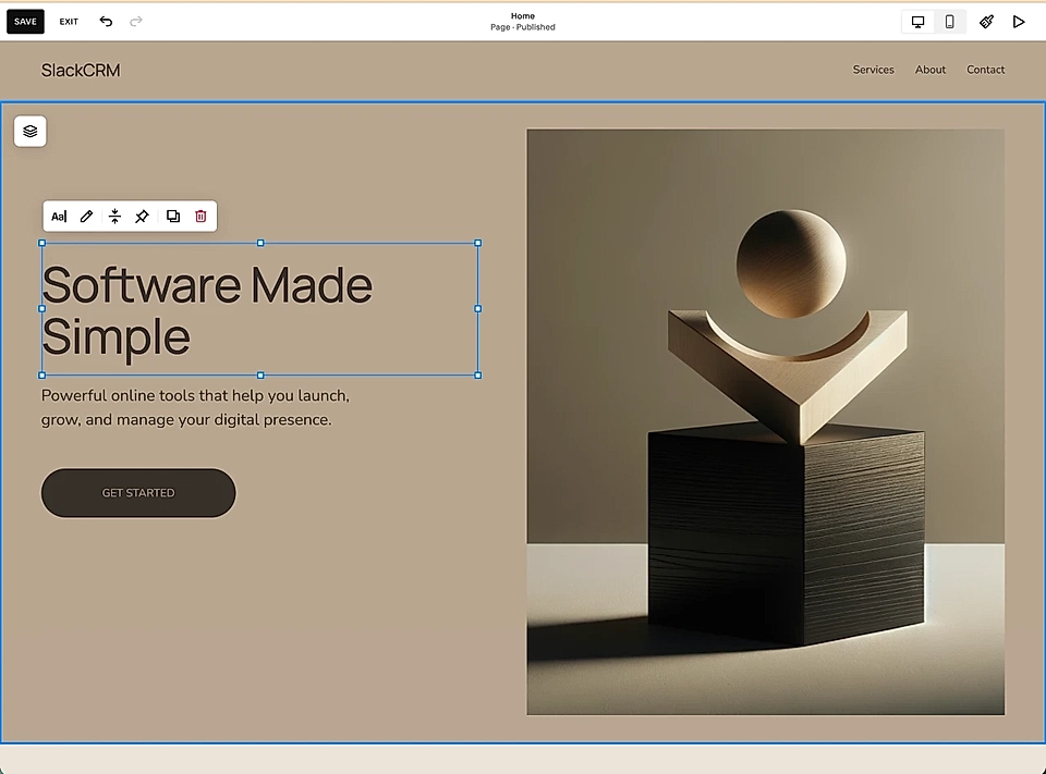 SquareSpace website homepage editor for SlackCRM with headline, CTA button, and abstract product image on beige layout.